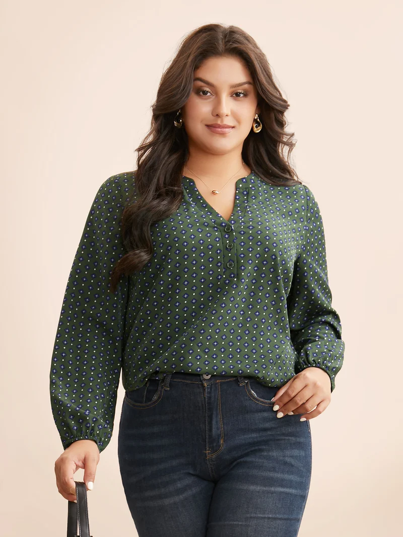 Notched Geometric Button Up Blouse