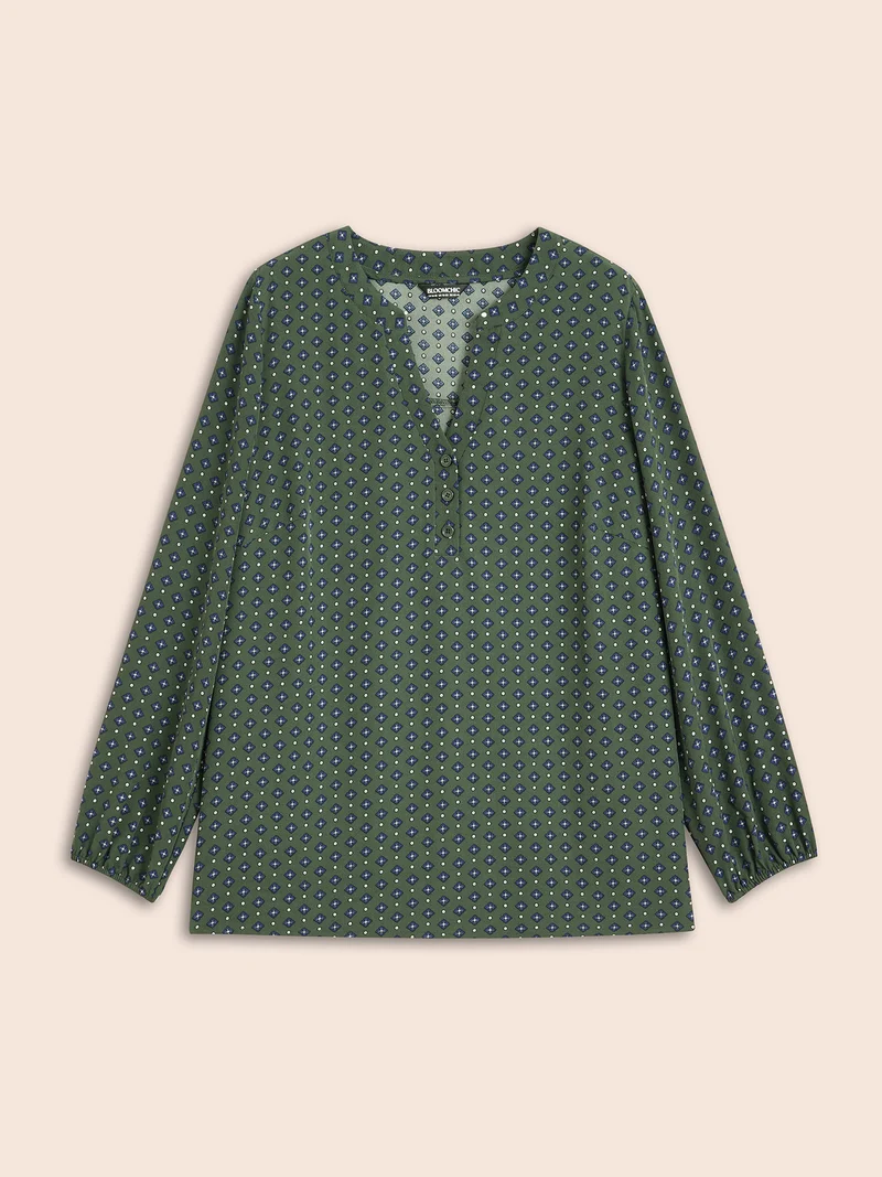 Notched Geometric Button Up Blouse