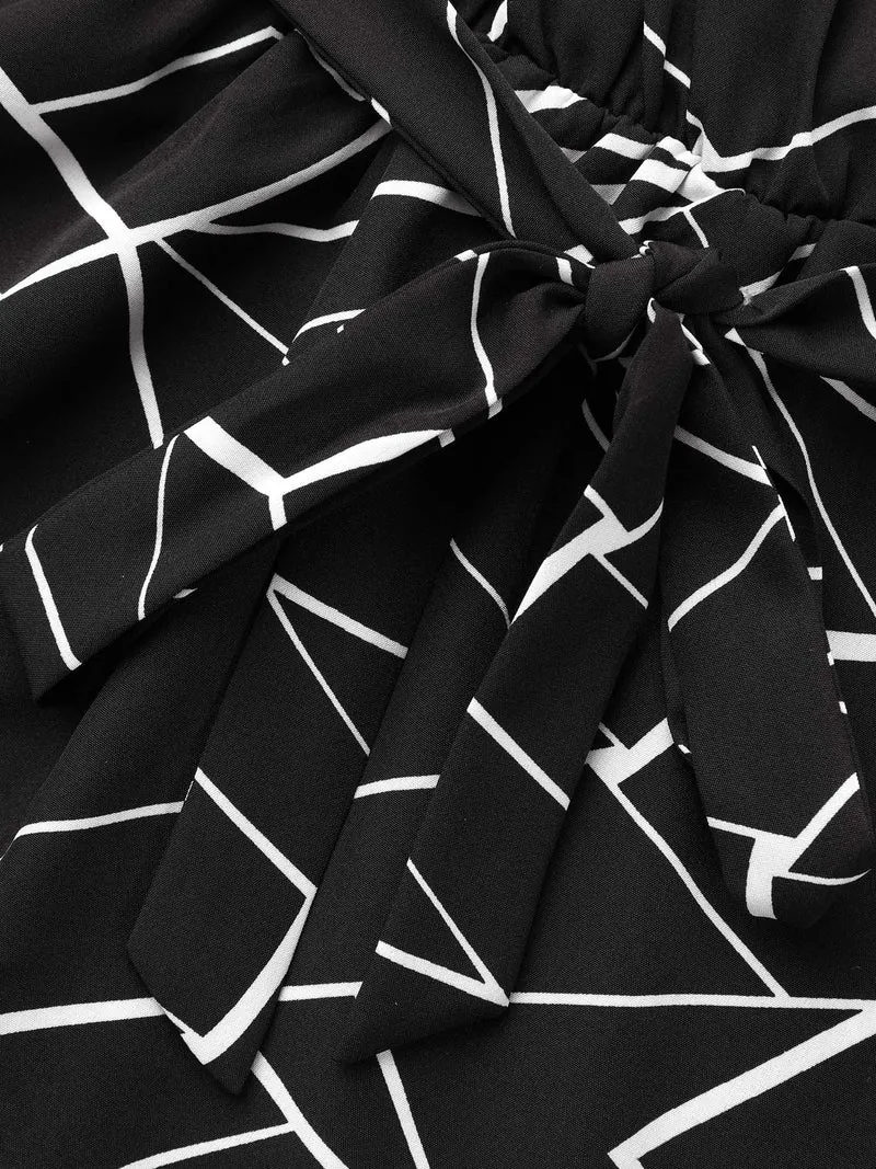 Geometric Overlap Collar Tie Knot Blouse