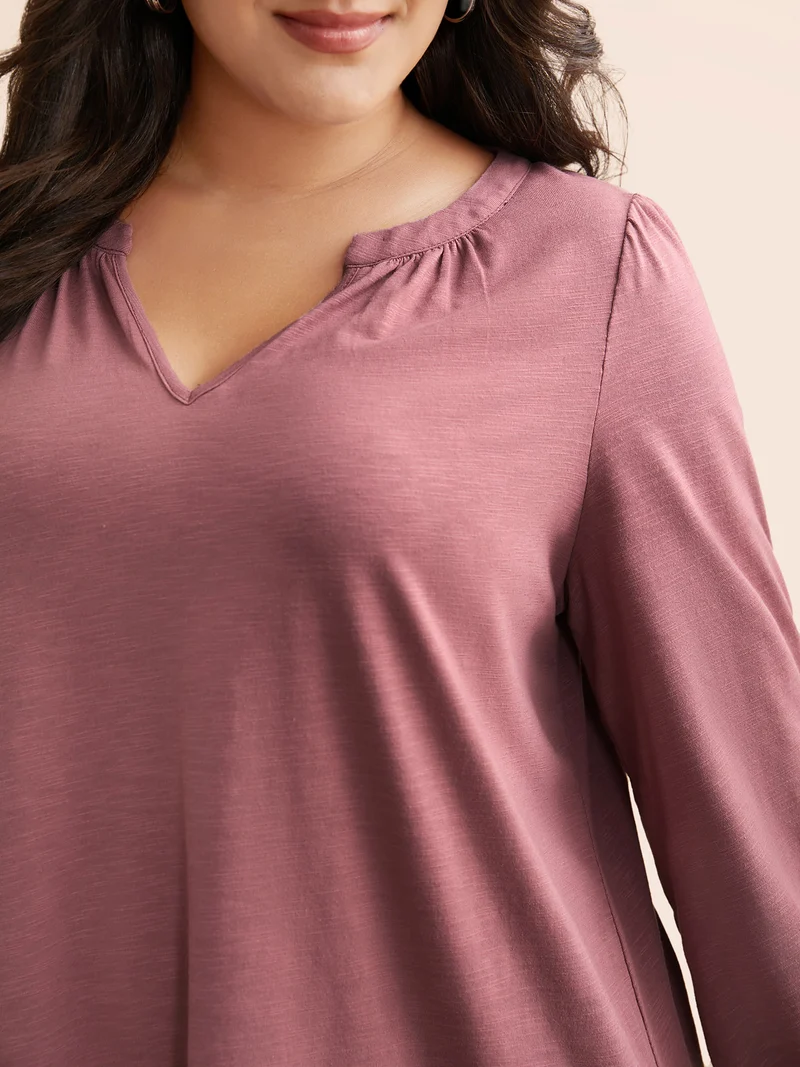 Notched Lantern Sleeve Gathered T-shirt