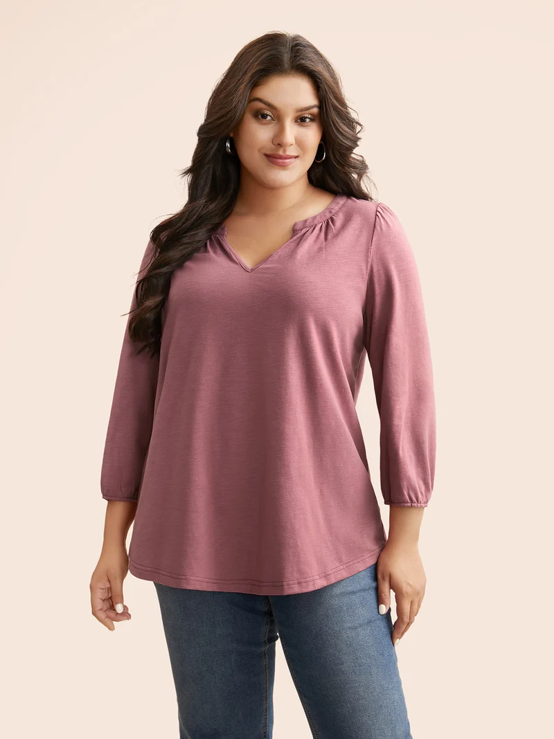 Notched Lantern Sleeve Gathered T-shirt