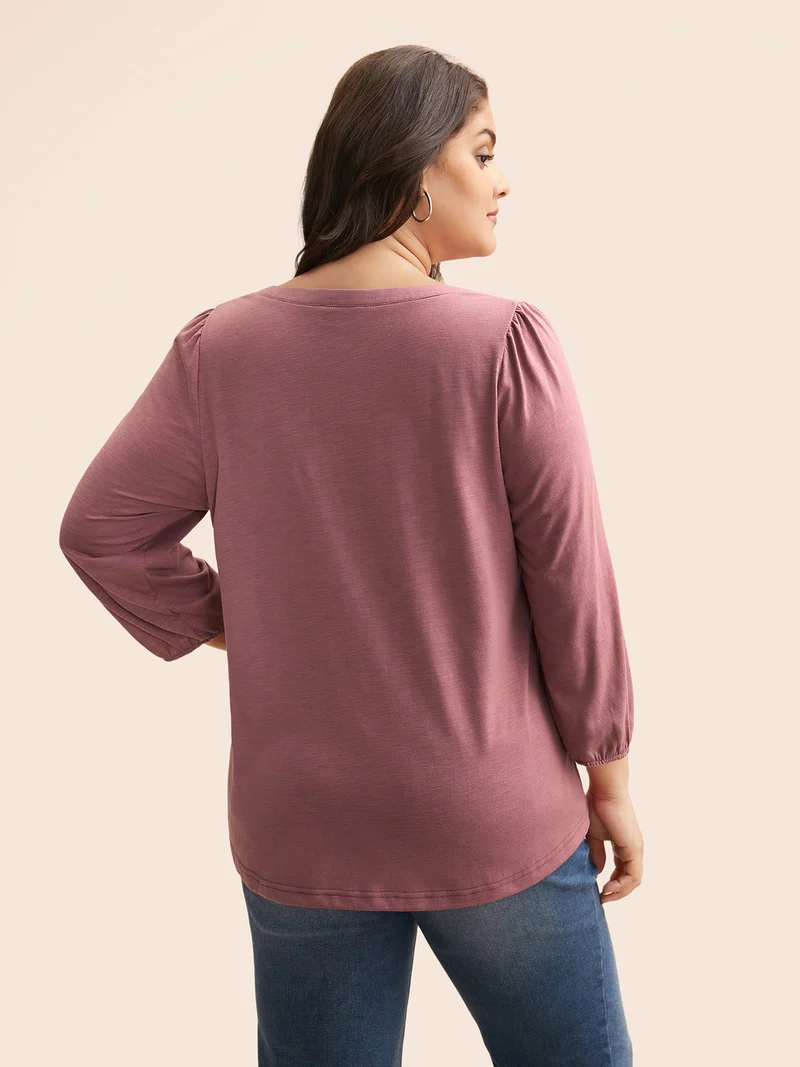 Notched Lantern Sleeve Gathered T-shirt