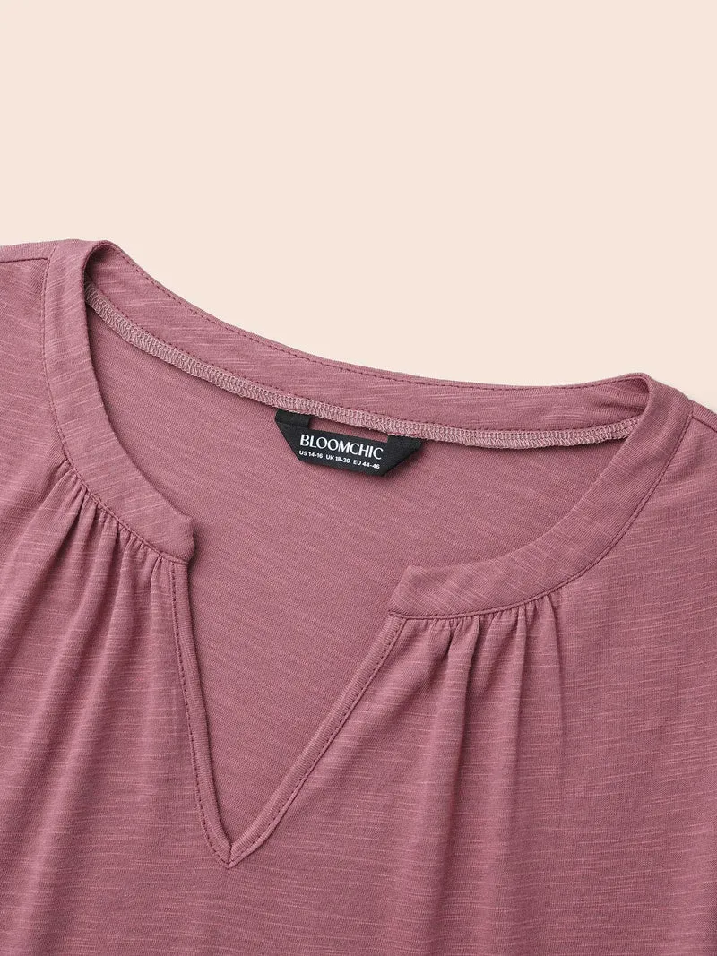 Notched Lantern Sleeve Gathered T-shirt