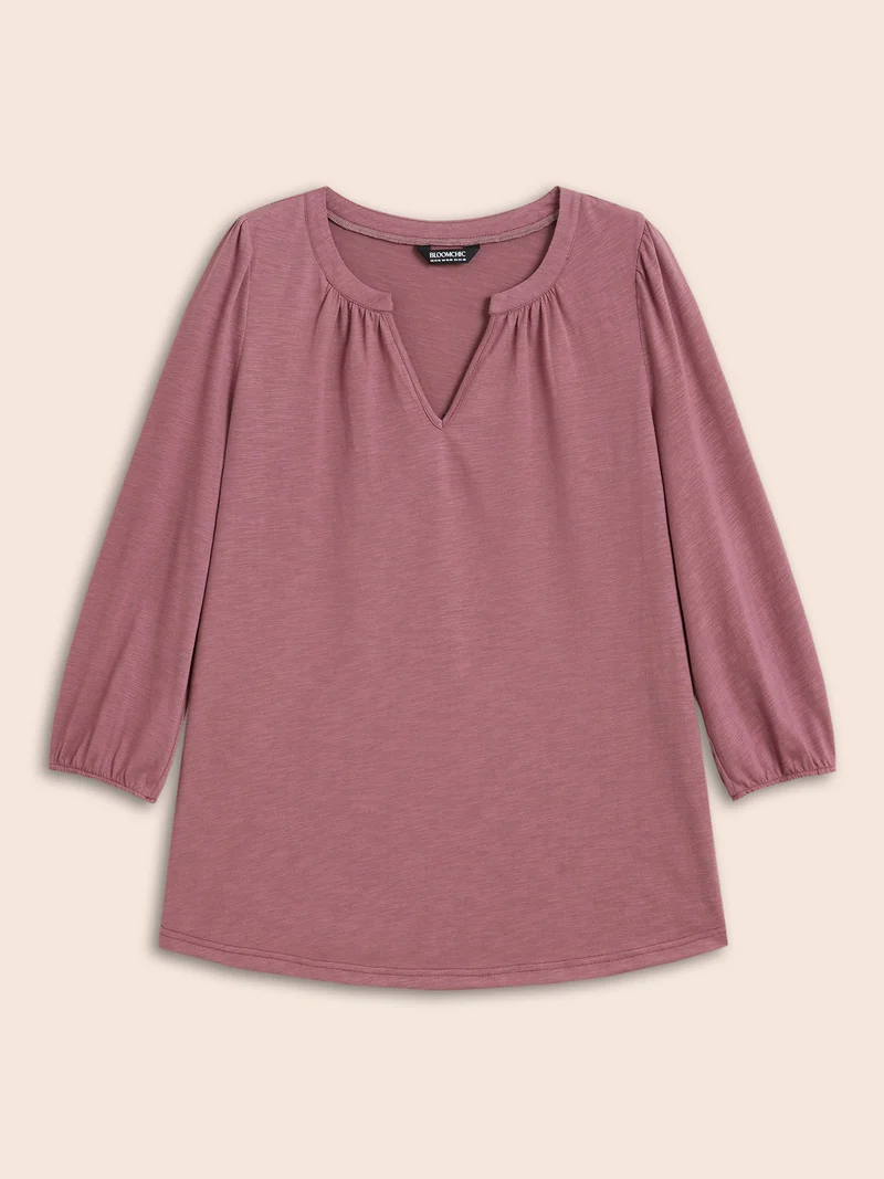 Notched Lantern Sleeve Gathered T-shirt