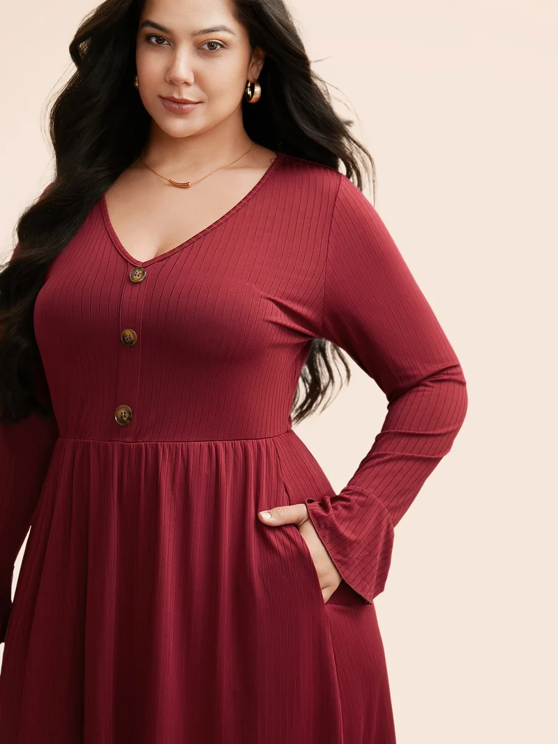 V Neck Button Detail Rib Knit Dress