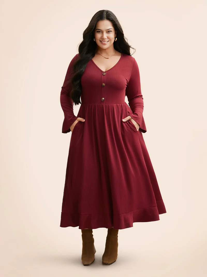 V Neck Button Detail Rib Knit Dress
