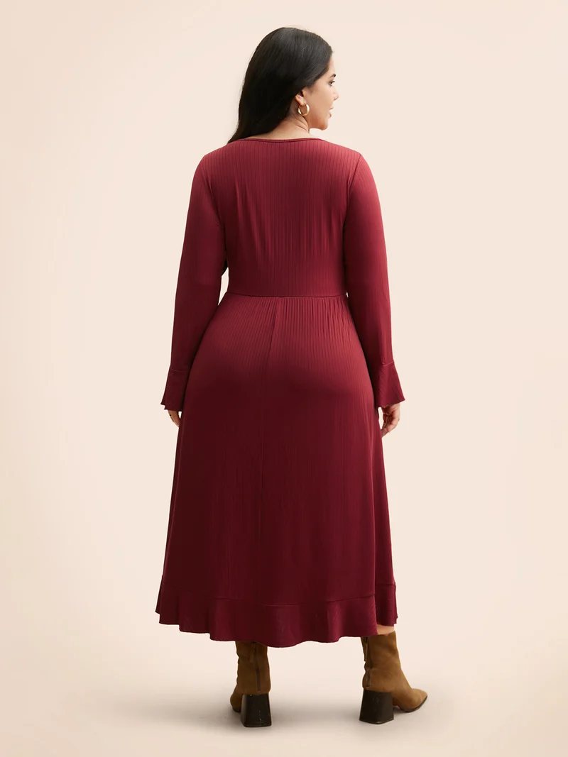 V Neck Button Detail Rib Knit Dress