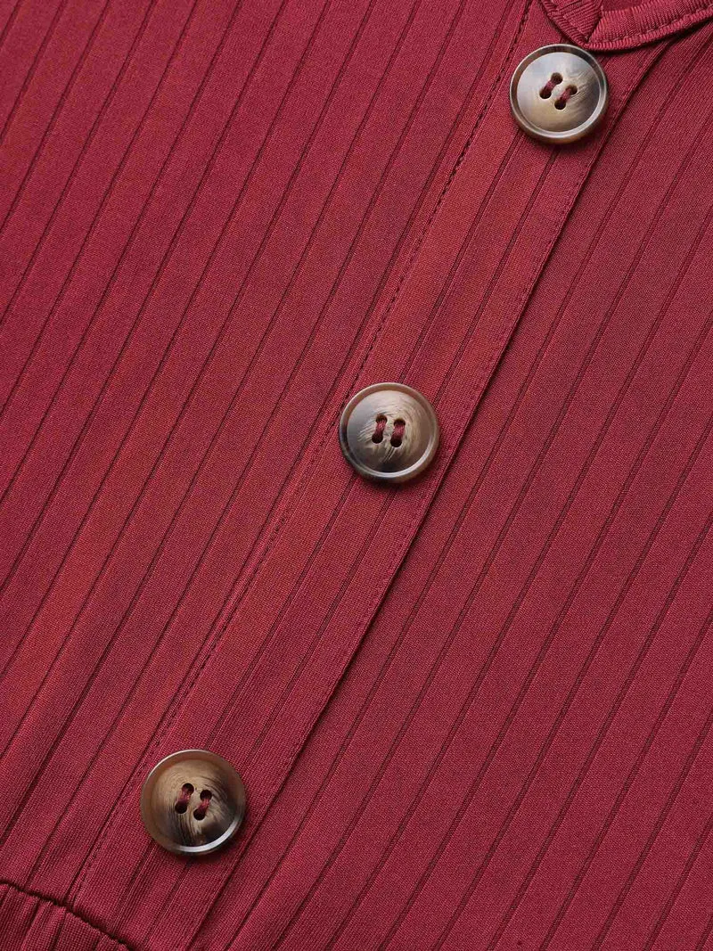 V Neck Button Detail Rib Knit Dress