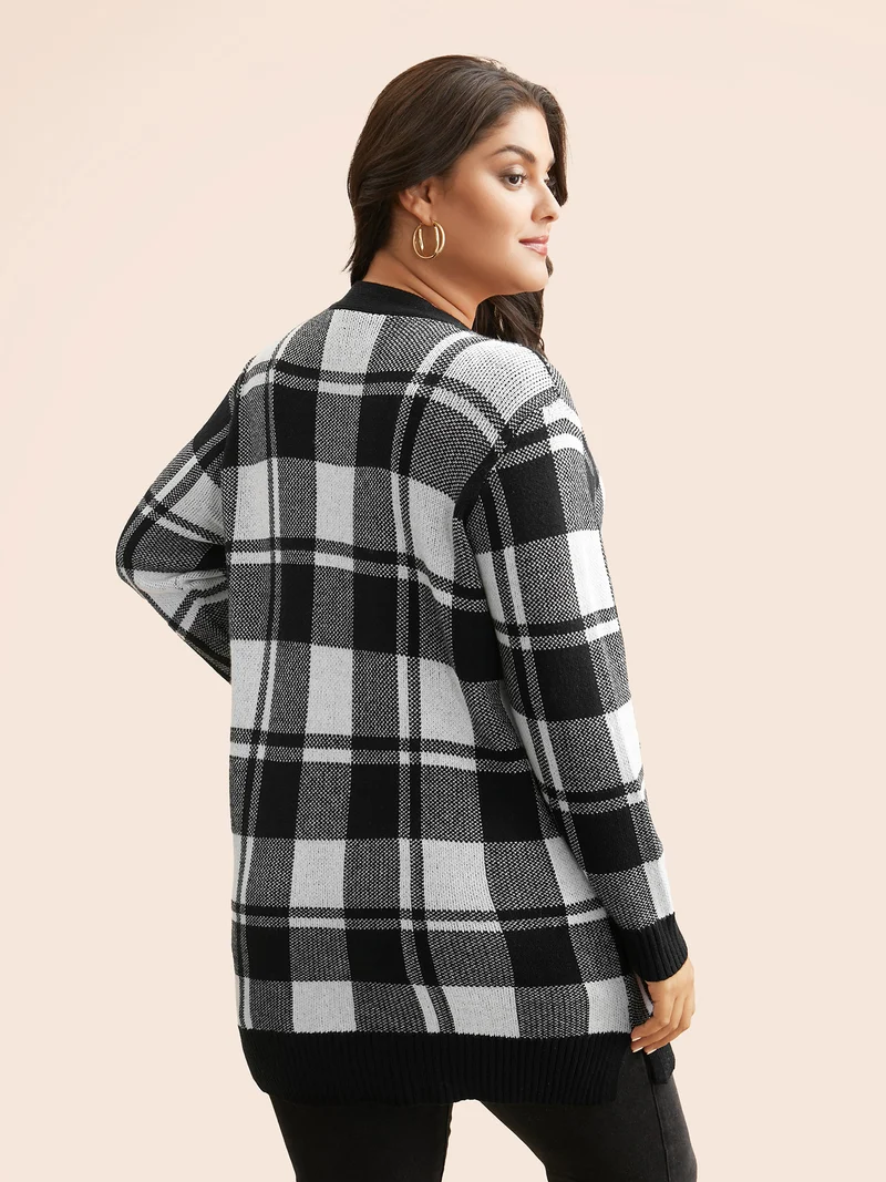 Kimono Collar Plaid Slit Hem Cardigan