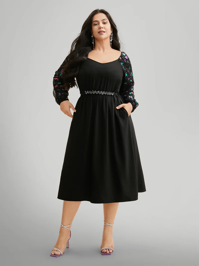 Heart Neckline Sequin Mesh Patchwork Dress