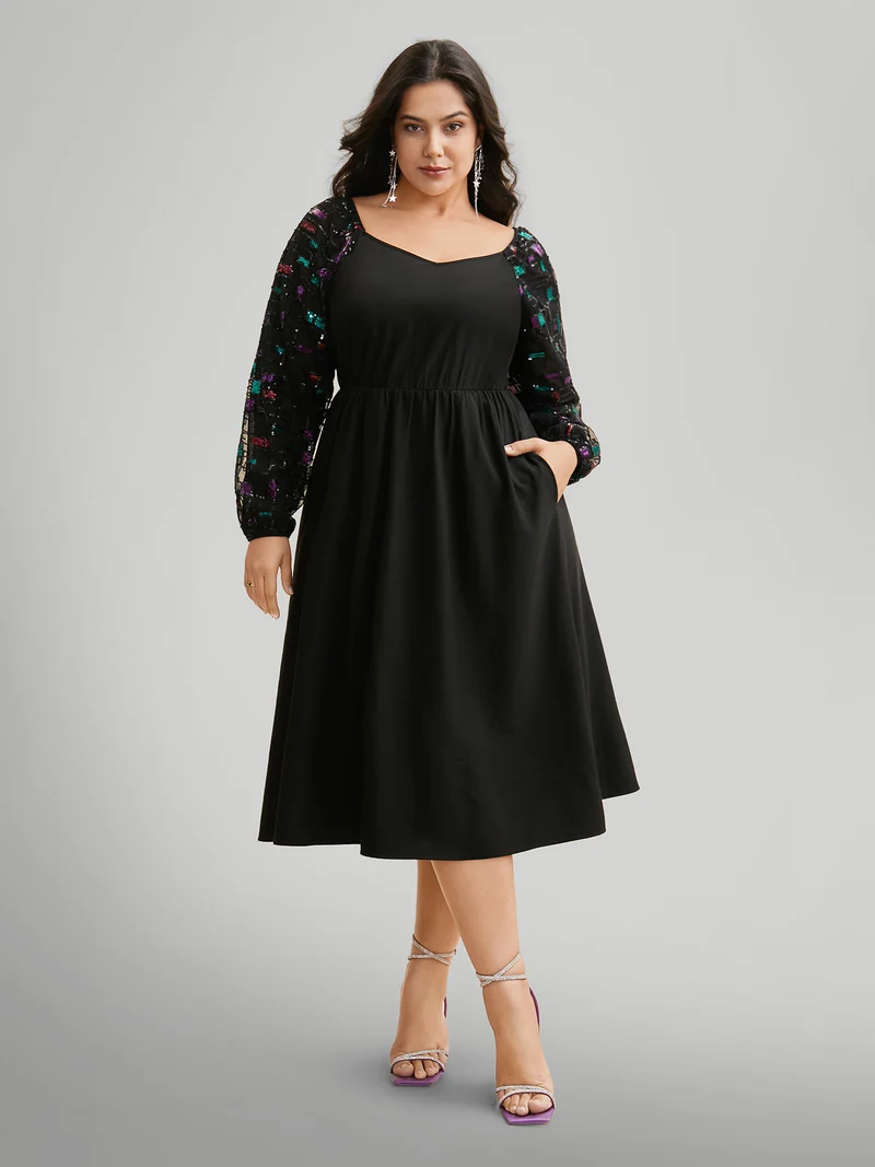 Heart Neckline Sequin Mesh Patchwork Dress
