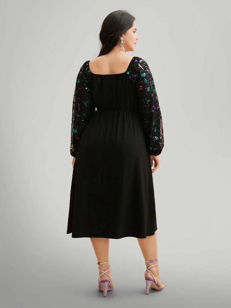 Heart Neckline Sequin Mesh Patchwork Dress