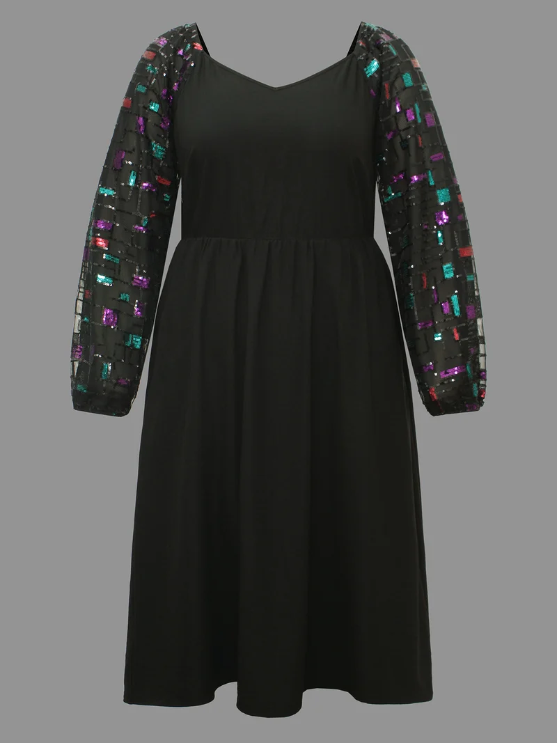 Heart Neckline Sequin Mesh Patchwork Dress
