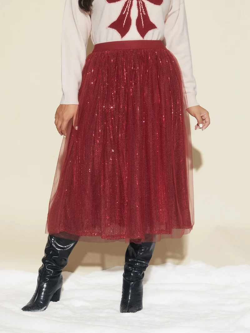 Sequin Mesh Elastic Waist Midi Skirt
