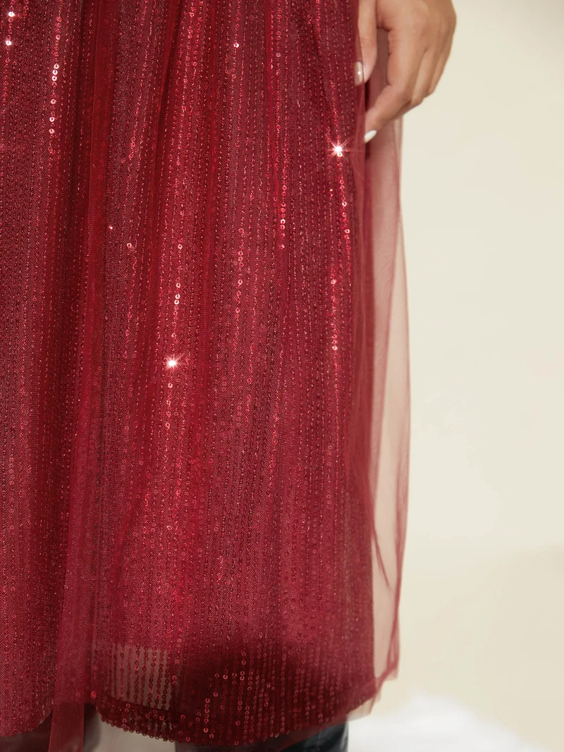 Sequin Mesh Elastic Waist Midi Skirt