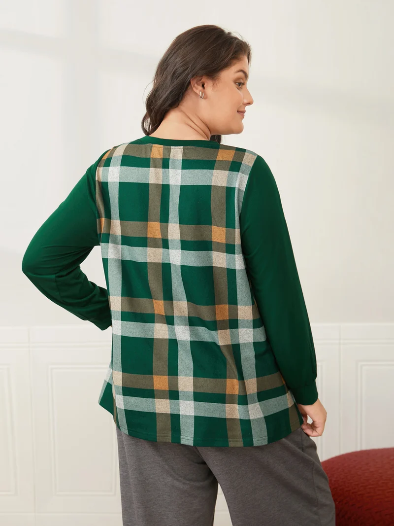 Plaid Patchwork Solid Long-Sleeves Tee