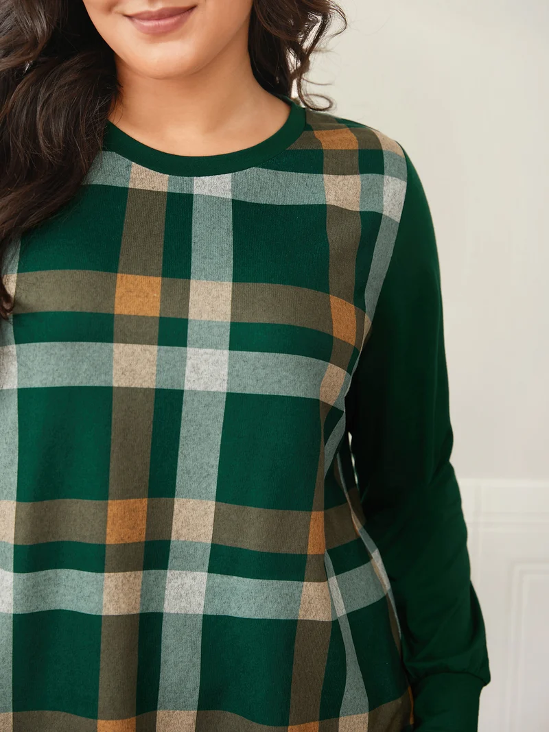 Plaid Patchwork Solid Long-Sleeves Tee