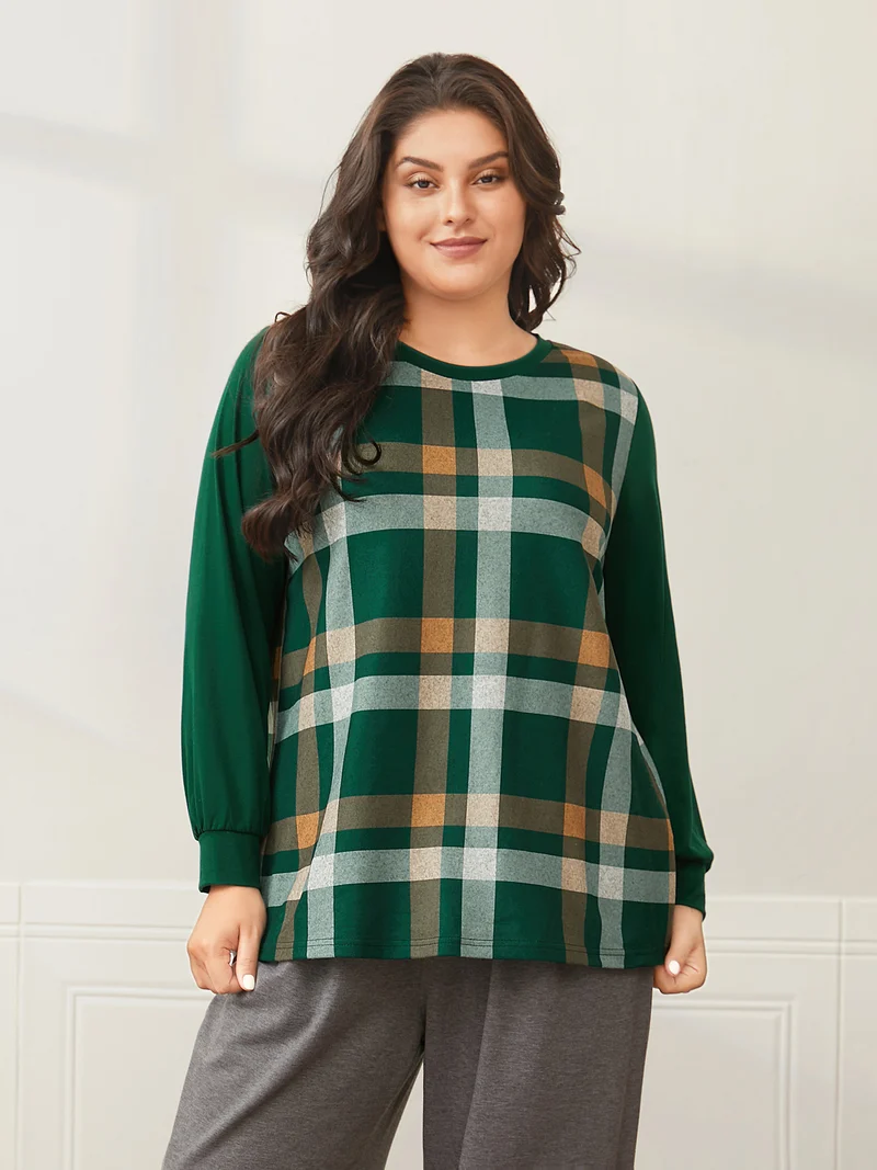 Plaid Patchwork Solid Long-Sleeves Tee