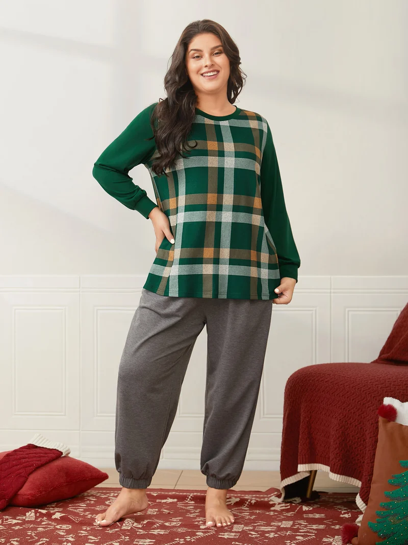 Plaid Patchwork Solid Long-Sleeves Tee