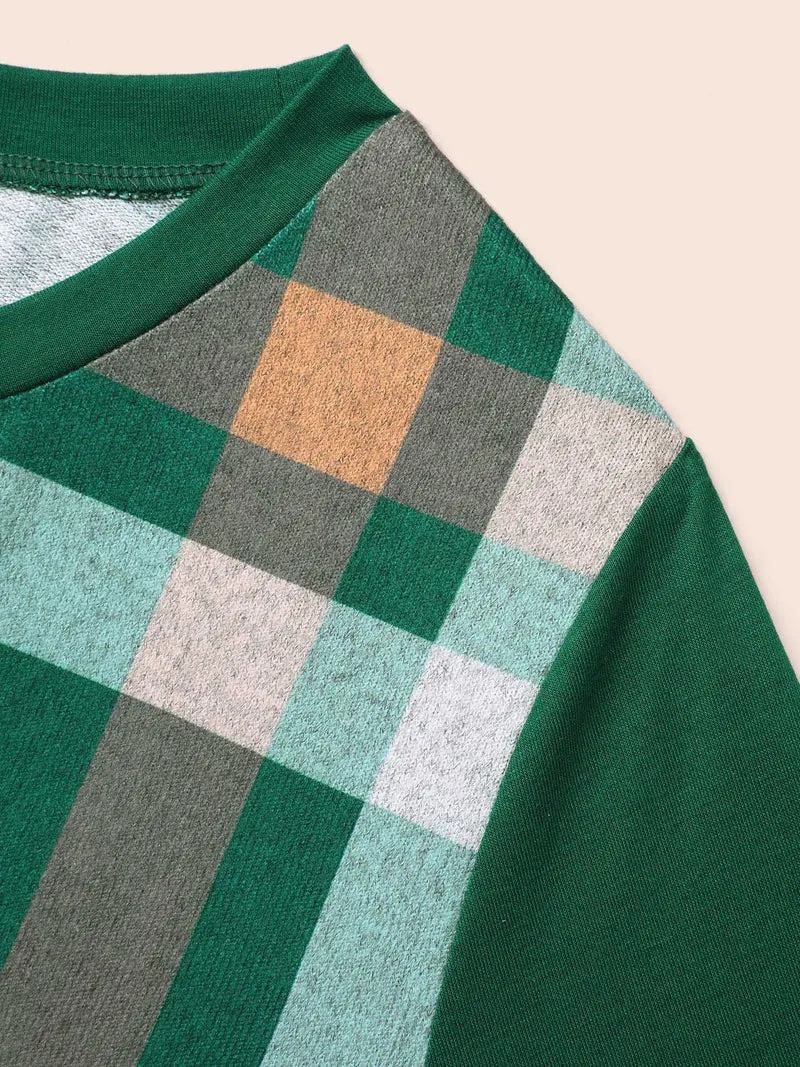 Plaid Patchwork Solid Long-Sleeves Tee