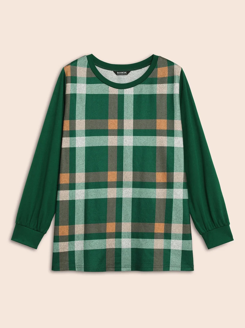 Plaid Patchwork Solid Long-Sleeves Tee