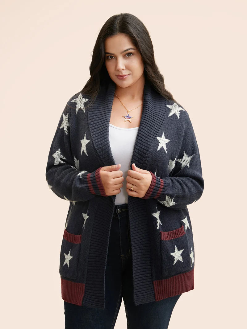 Star Contrast Patched Pocket Cardigan