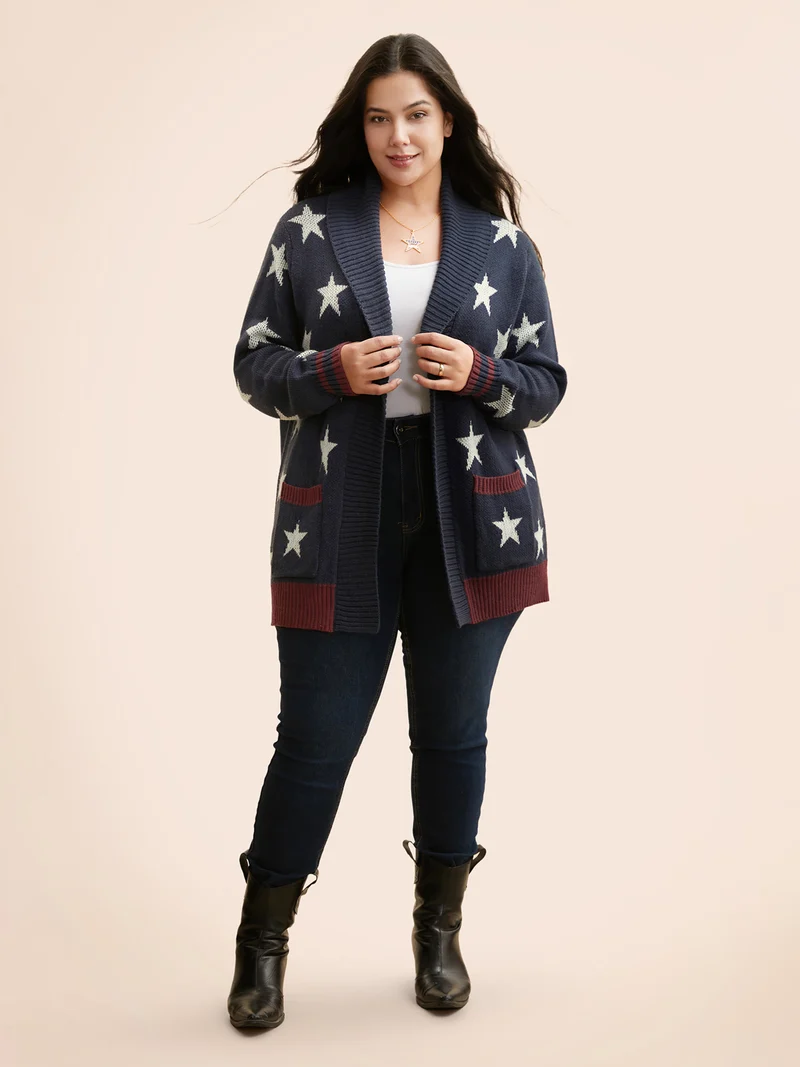 Star Contrast Patched Pocket Cardigan