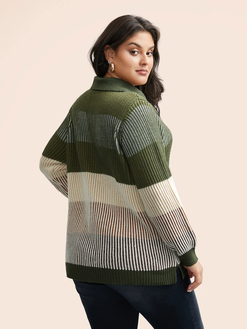 Polo Neck Texture Contrast Button Up Pullover