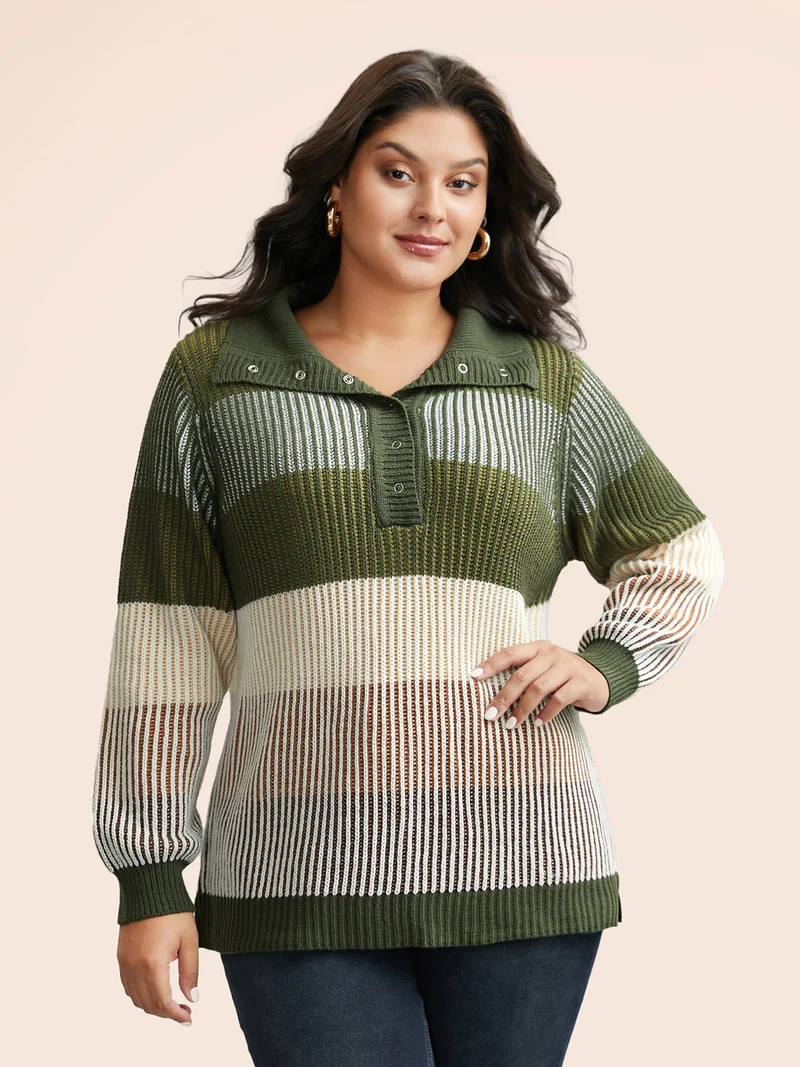 Polo Neck Texture Contrast Button Up Pullover
