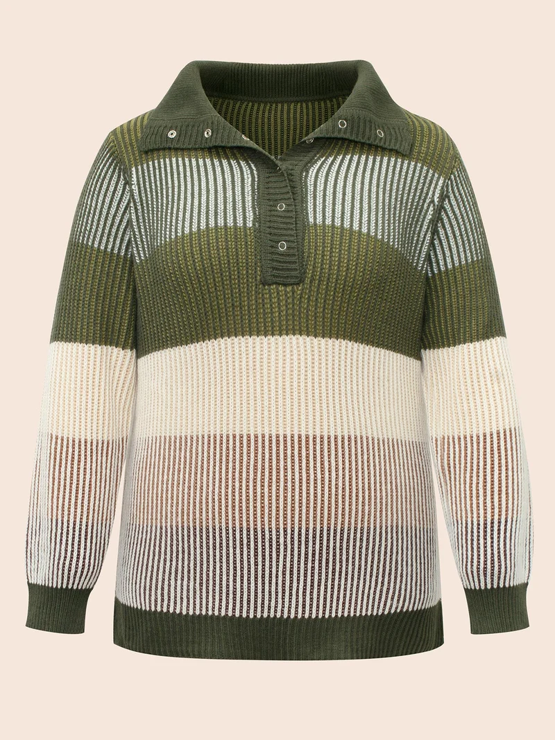 Polo Neck Texture Contrast Button Up Pullover