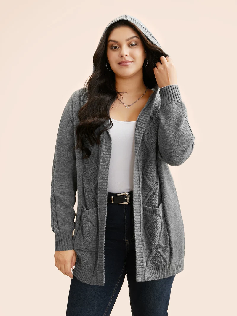 Cable Knit Hooded Patch Pocket Cardigan