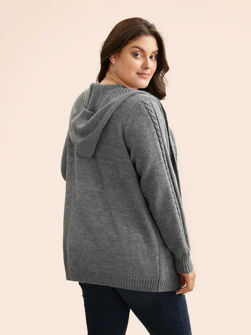 Cable Knit Hooded Patch Pocket Cardigan