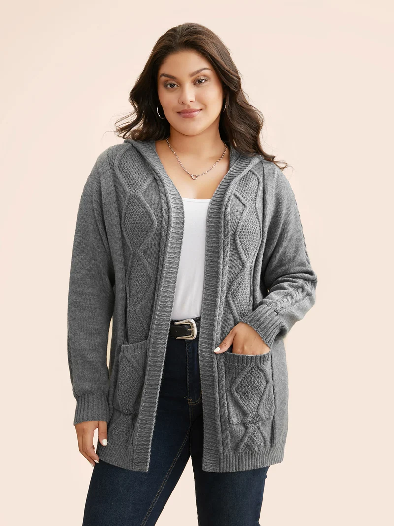 Cable Knit Hooded Patch Pocket Cardigan