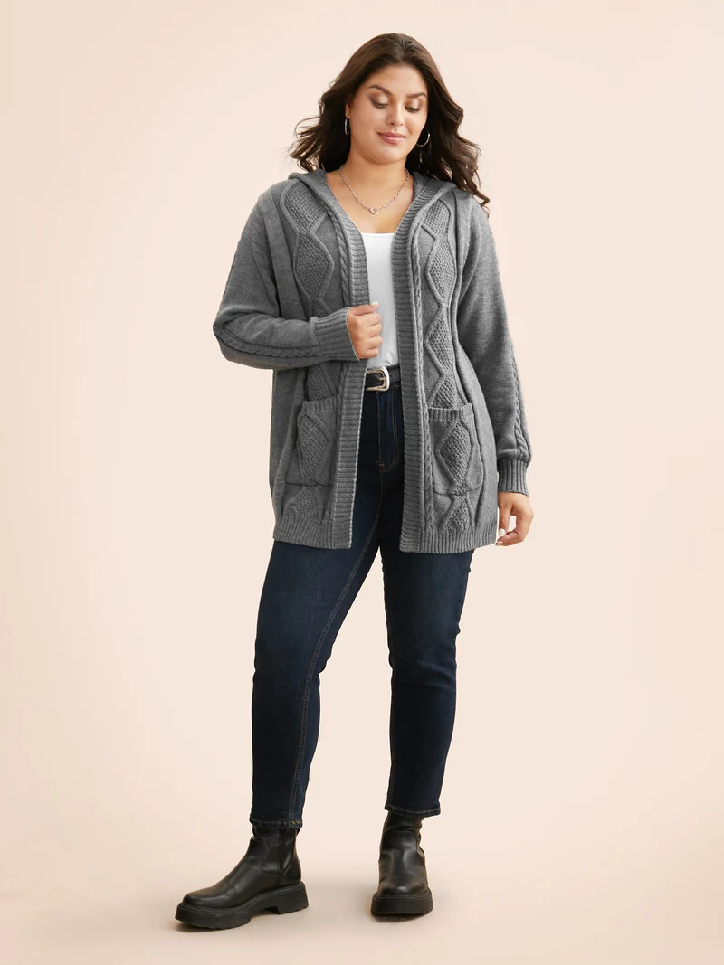 Cable Knit Hooded Patch Pocket Cardigan