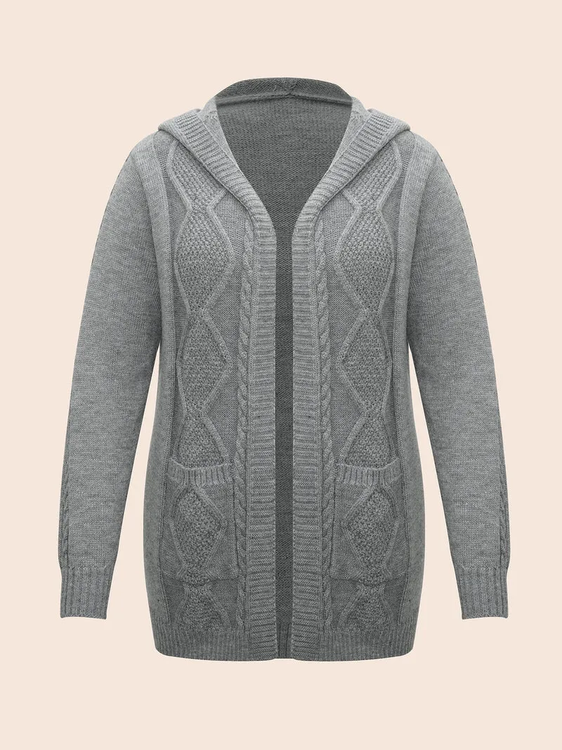 Cable Knit Hooded Patch Pocket Cardigan
