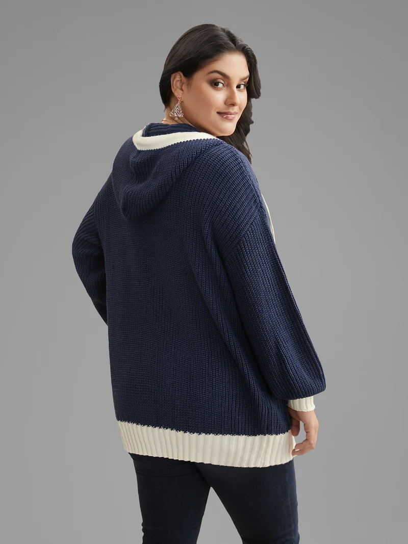 Contrast Hood Hemline Pockets Open Cardigan