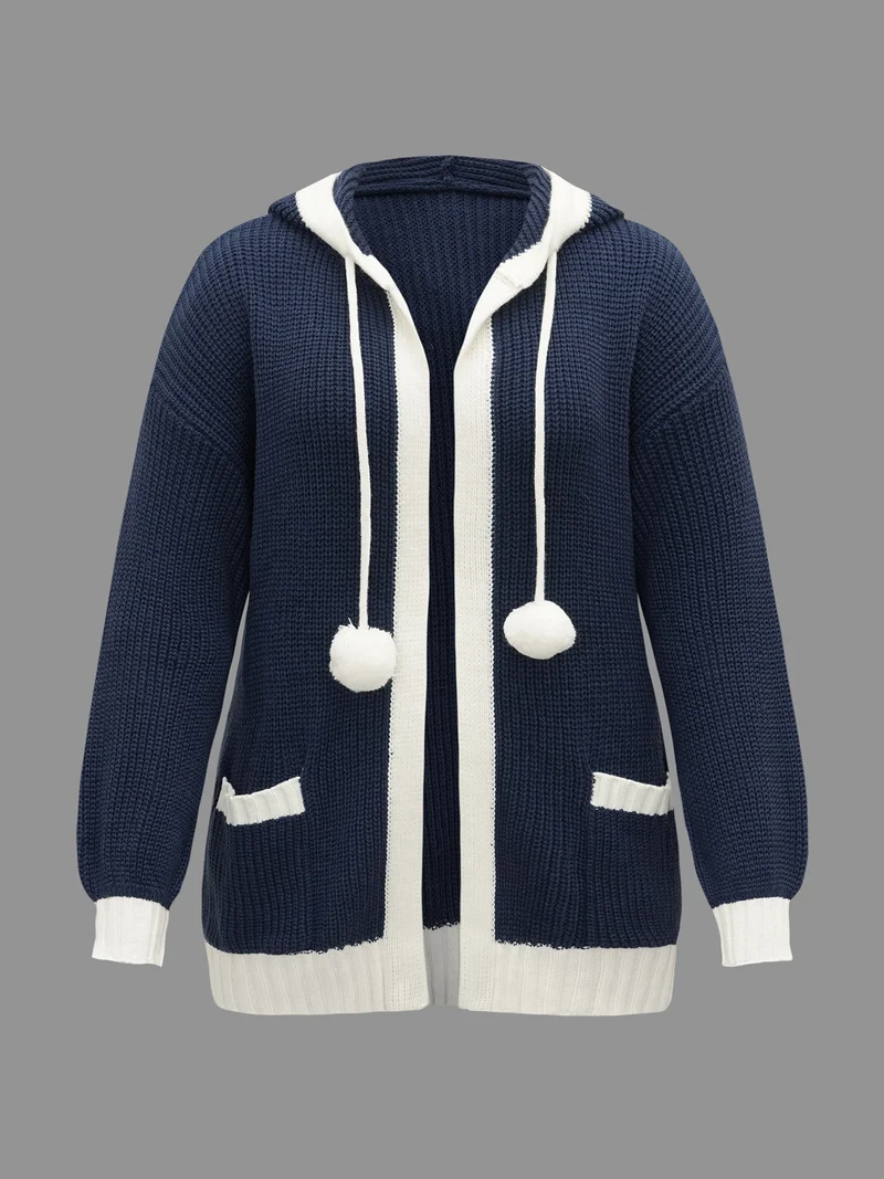 Contrast Hood Hemline Pockets Open Cardigan