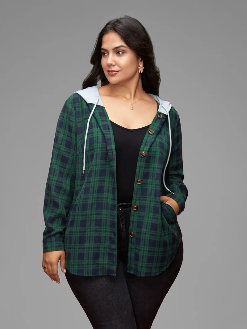 Plaid Hooded Drawstring Jacket
