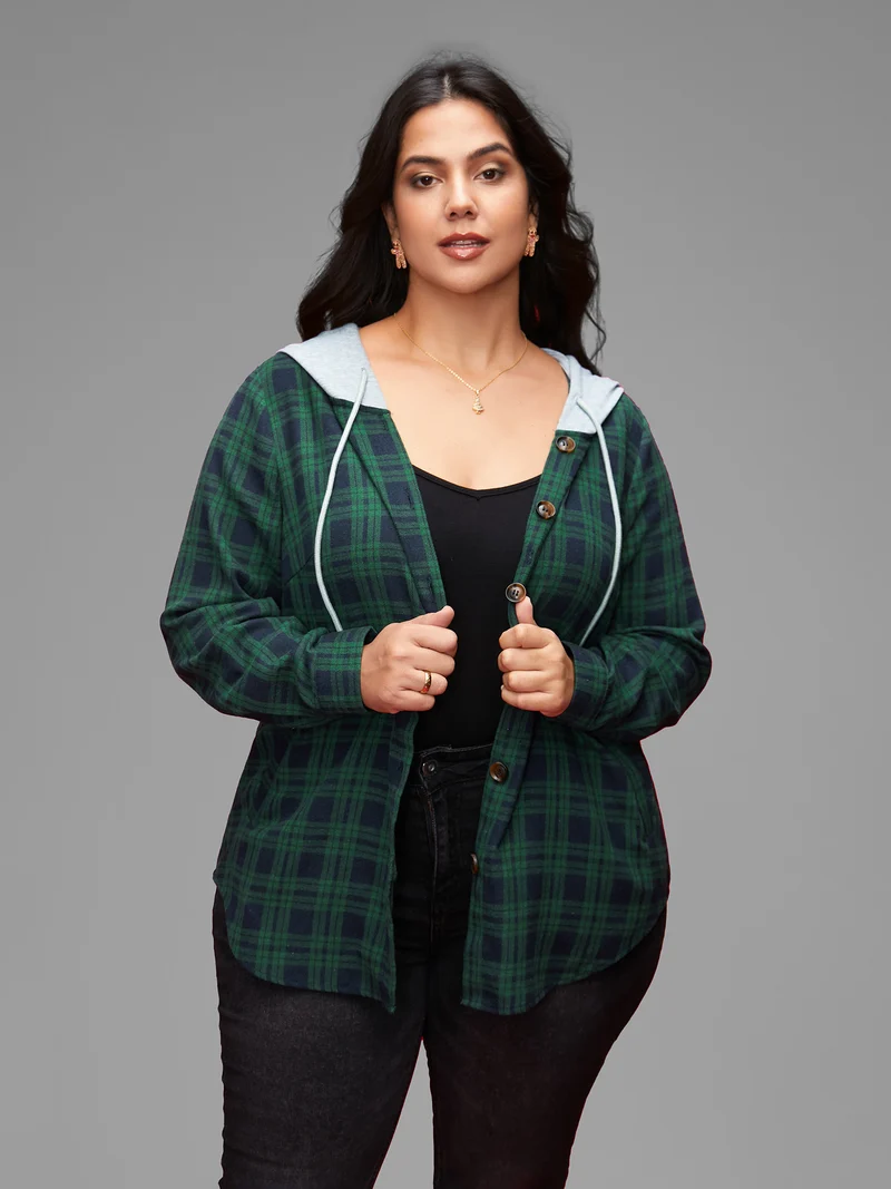 Plaid Hooded Drawstring Jacket