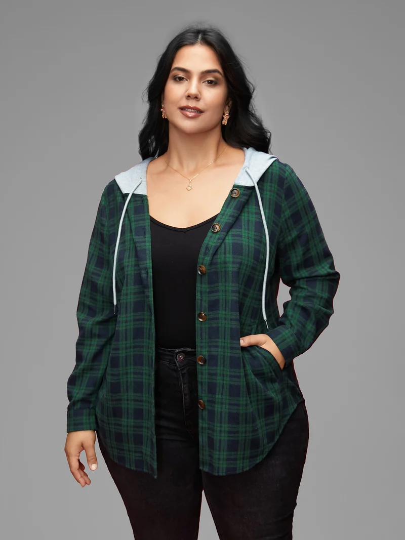Plaid Hooded Drawstring Jacket