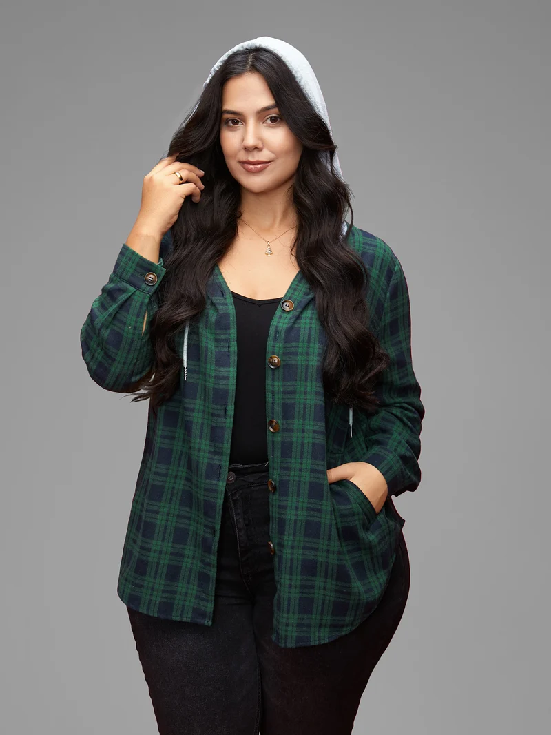 Plaid Hooded Drawstring Jacket
