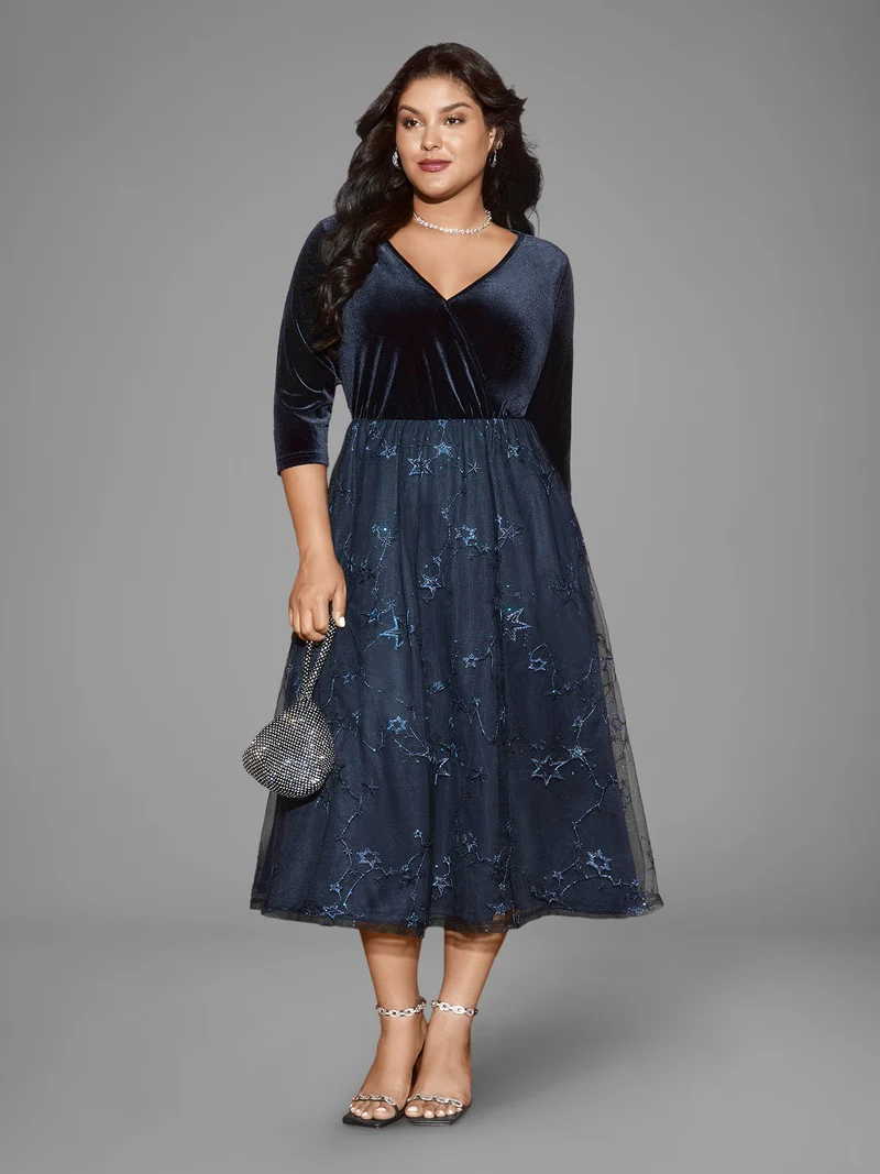 Velvet Star Mesh Surplice Neckline Midi Dress