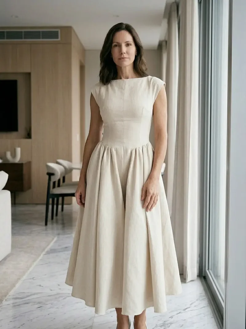 Women's Flowing Midi Dress | Elegant Cap Sleeve Fit and Flare Summer Dress