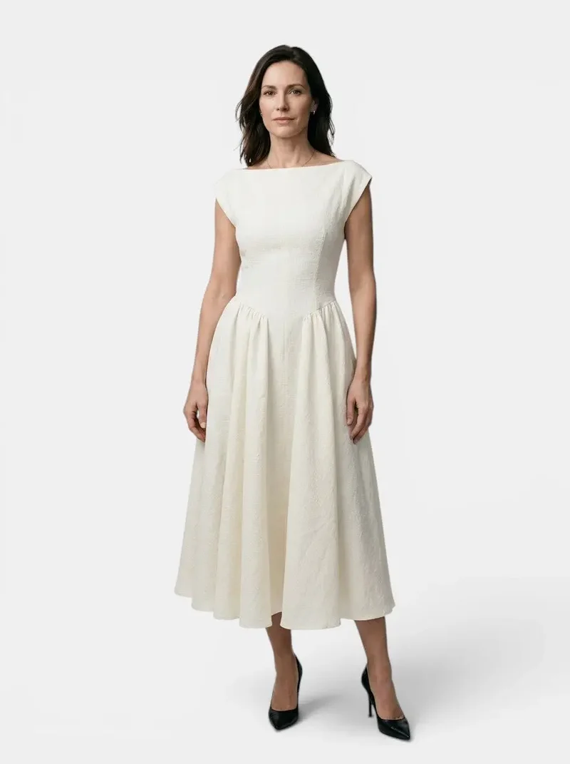 Women's Flowing Midi Dress | Elegant Cap Sleeve Fit and Flare Summer Dress