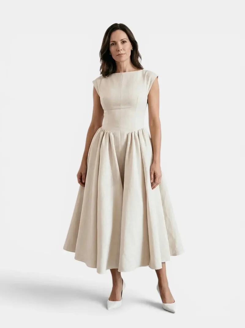 Women's Flowing Midi Dress | Elegant Cap Sleeve Fit and Flare Summer Dress