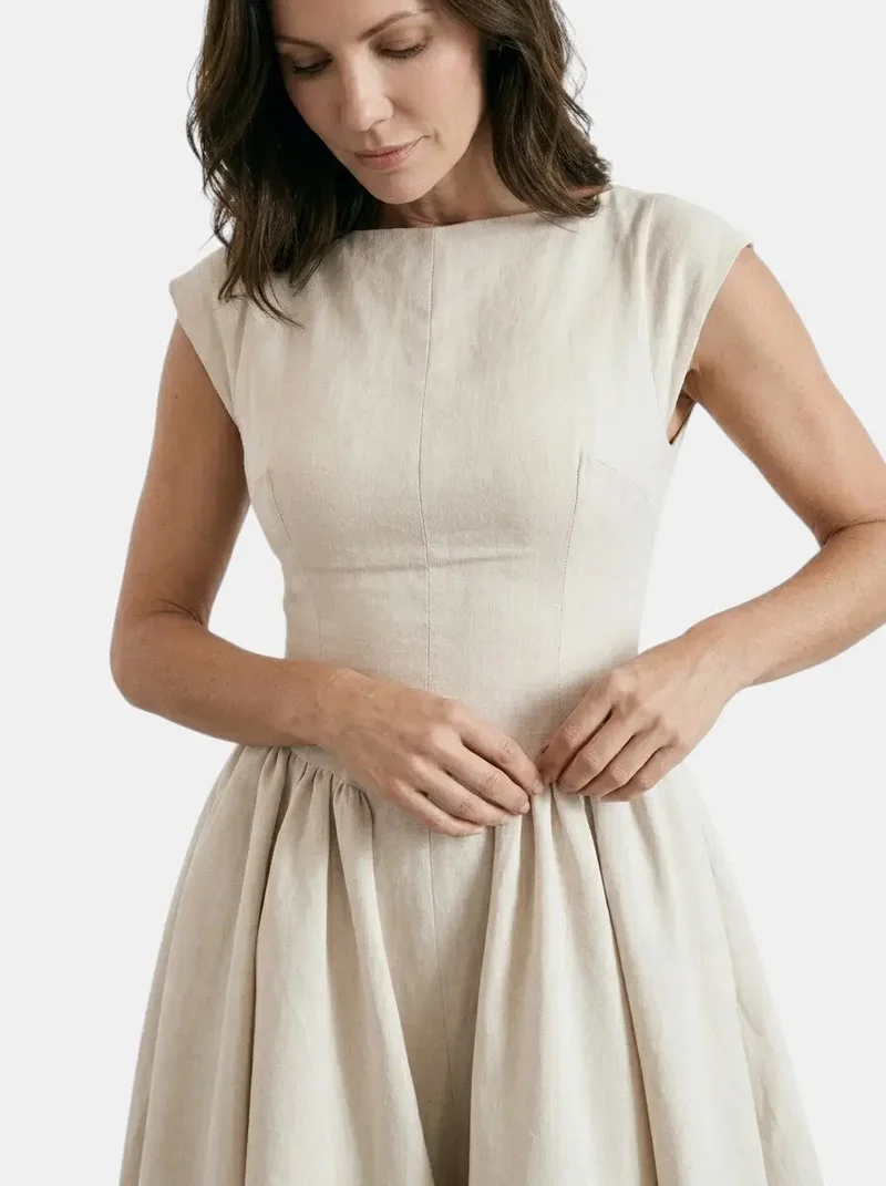 Women's Flowing Midi Dress | Elegant Cap Sleeve Fit and Flare Summer Dress