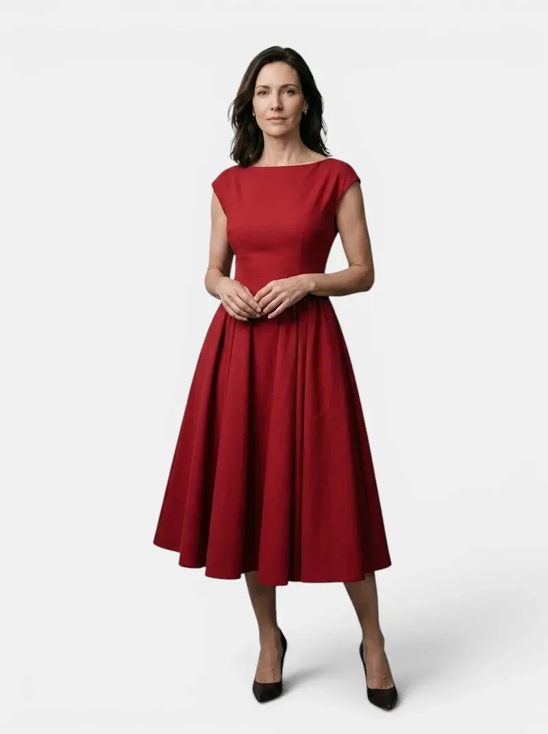 Women's Flowing Midi Dress | Elegant Cap Sleeve Fit and Flare Summer Dress