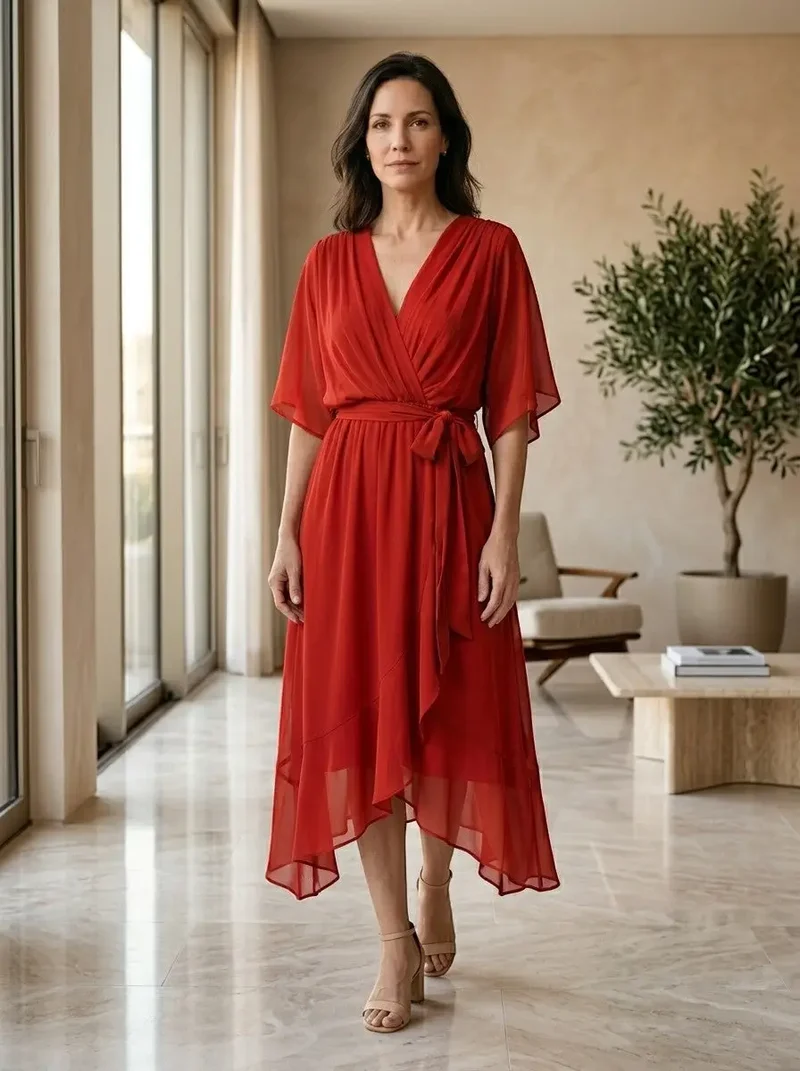 Women's Soft Draped Midi Dress | Elegant V-Neck Wrap Cocktail Dress