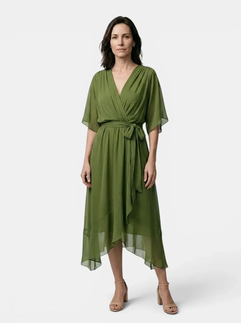 Women's Soft Draped Midi Dress | Elegant V-Neck Wrap Cocktail Dress