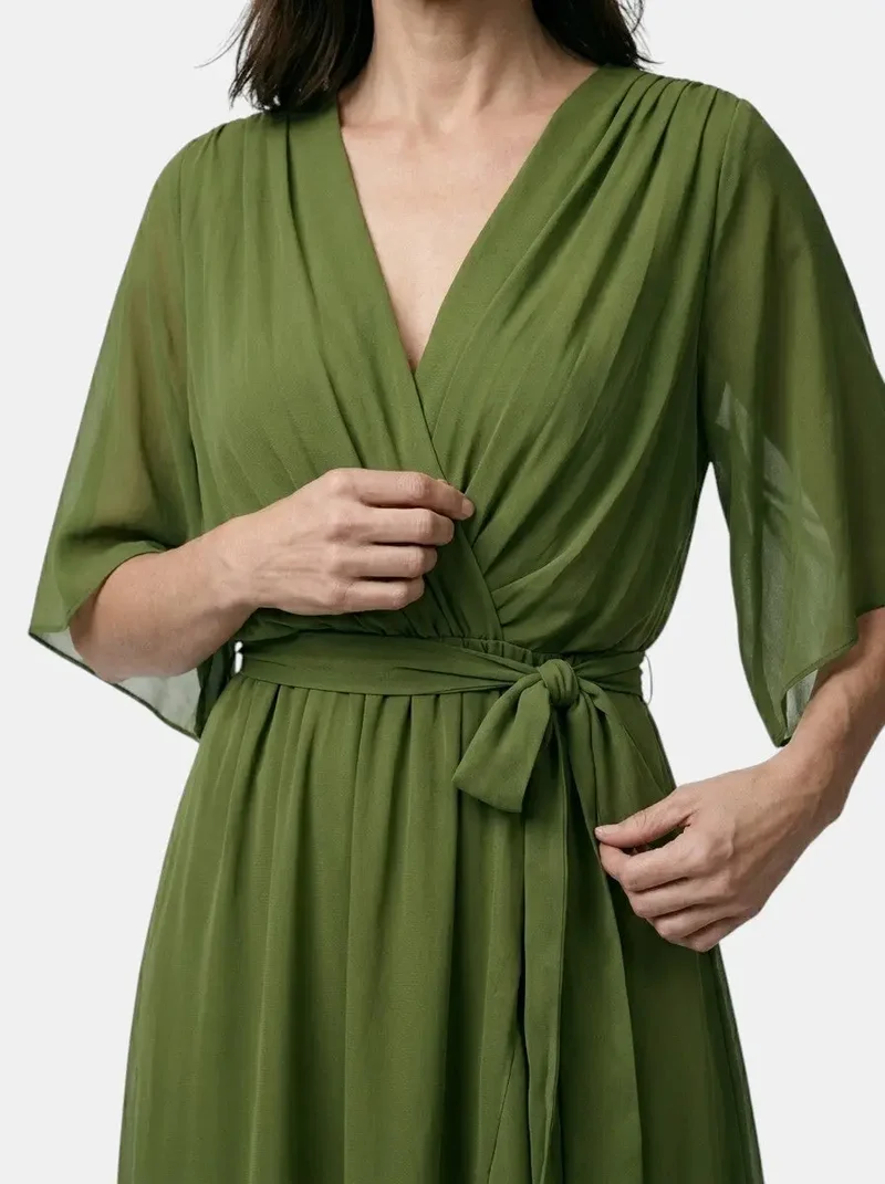 Women's Soft Draped Midi Dress | Elegant V-Neck Wrap Cocktail Dress